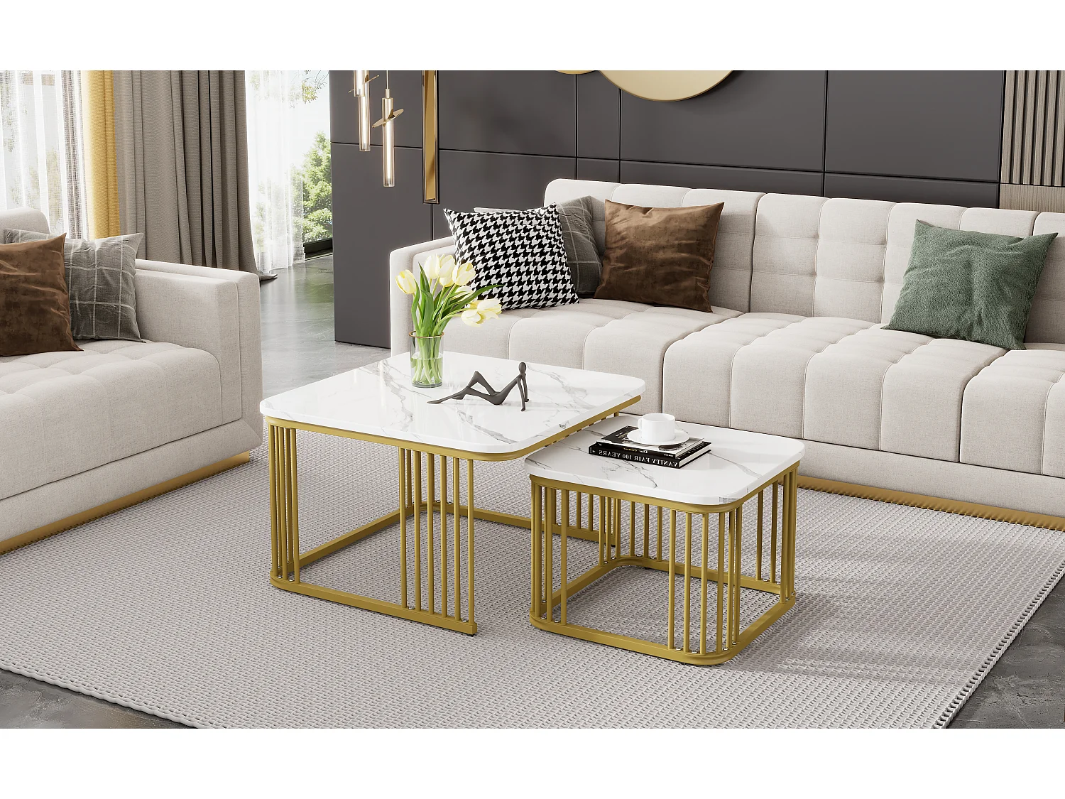 Lot de 2 tables basses carrées aspect marbre brillant - 70x70x45cm et 50x50x36,5cm - Bois MDF - Blanc