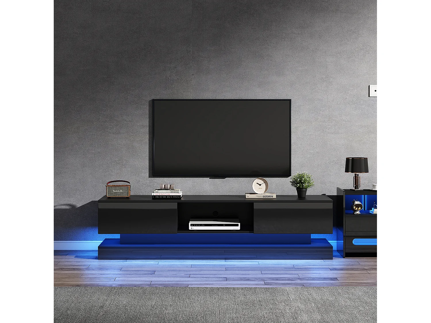 Meuble TV avec 2 tiroirs et compartiment ouvert - 160 x 35 x 40.5 cm - LEDs - Panneau de particules - Noir brillant