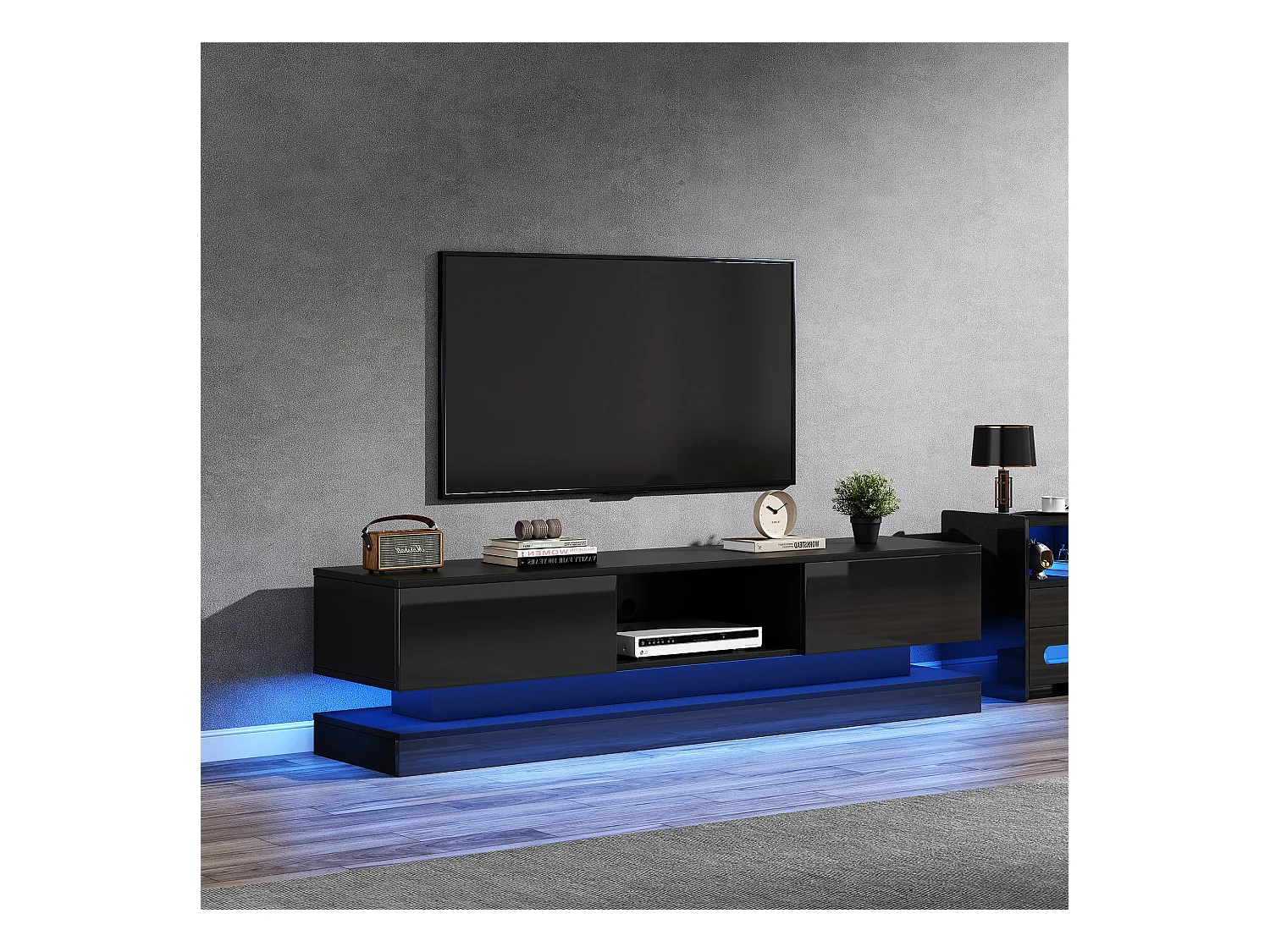 Meuble TV avec 2 tiroirs et compartiment ouvert - 160 x 35 x 40.5 cm - LEDs - Panneau de particules - Noir brillant