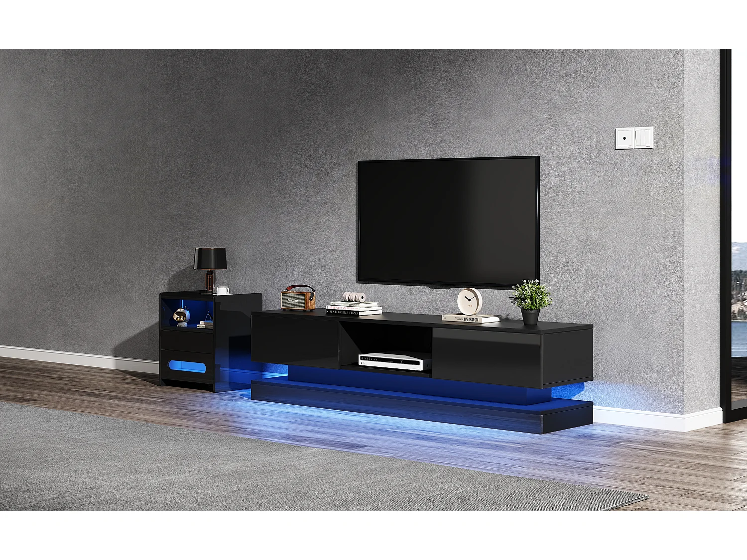 Meuble TV avec 2 tiroirs et compartiment ouvert - 160 x 35 x 40.5 cm - LEDs - Panneau de particules - Noir brillant