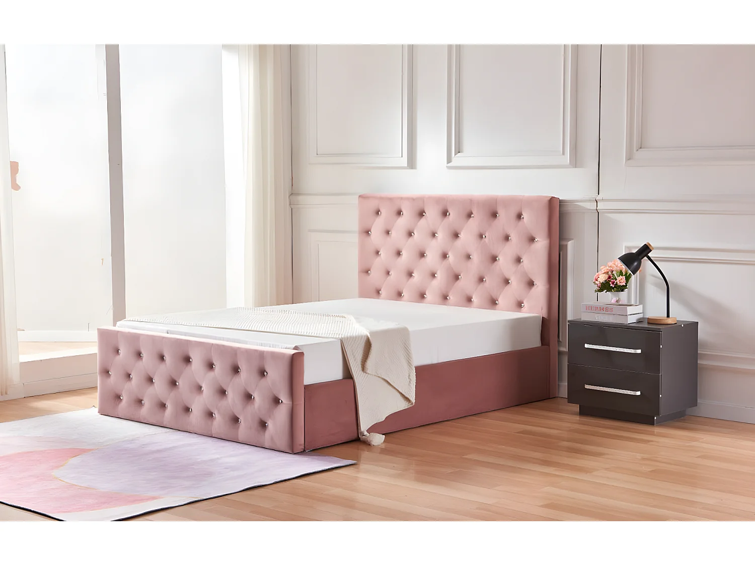 Lit coffre 2 places 140x190 cm victoria velours rose