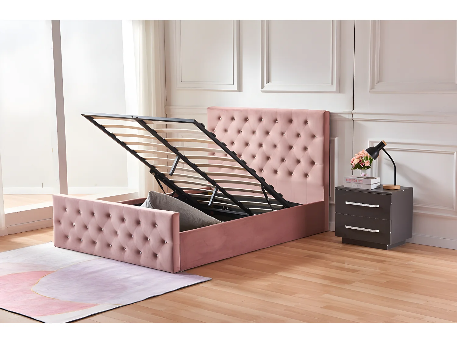 Lit coffre 2 places 140x190 cm victoria velours rose