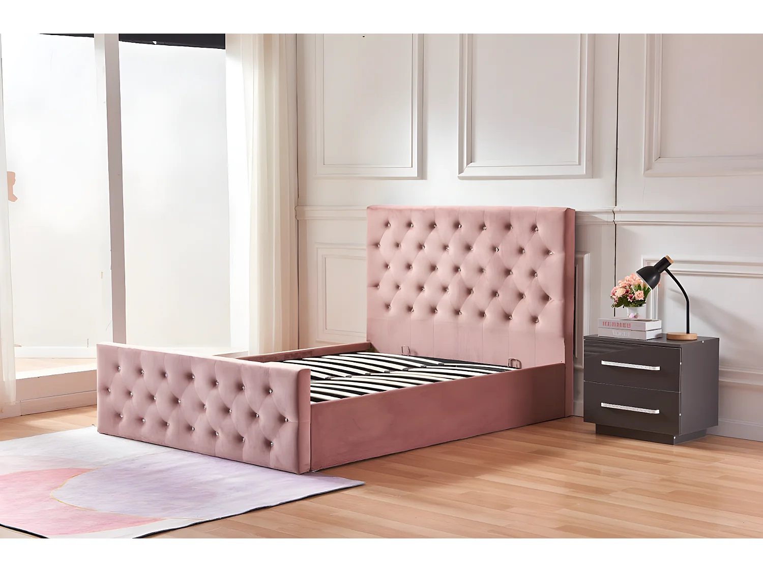 Lit coffre 2 places 140x190 cm victoria velours rose