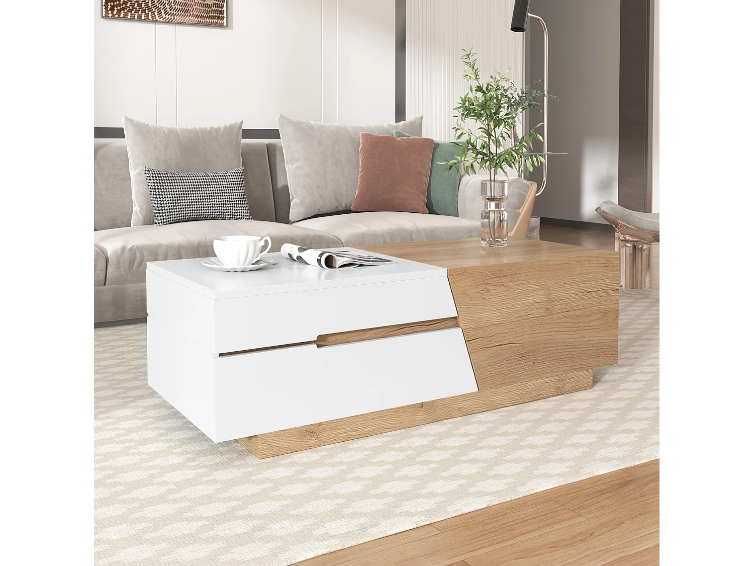 Table basse extensible avec 2 tiroirs - 120 x 50 x 37.5 cm - Panneaux de particules - Blanc + naturel