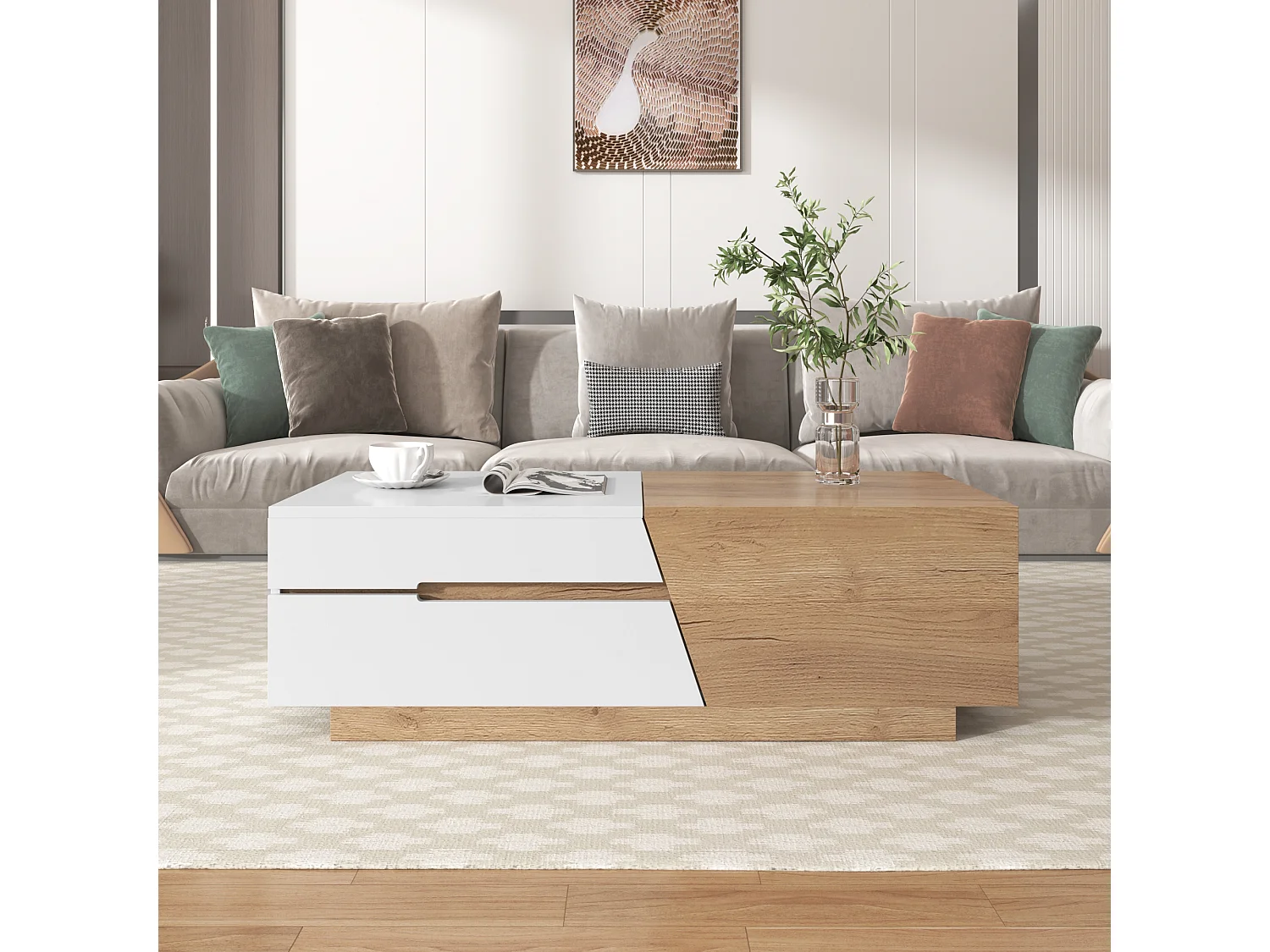 Table basse extensible avec 2 tiroirs - 120 x 50 x 37.5 cm - Panneaux de particules - Blanc + naturel