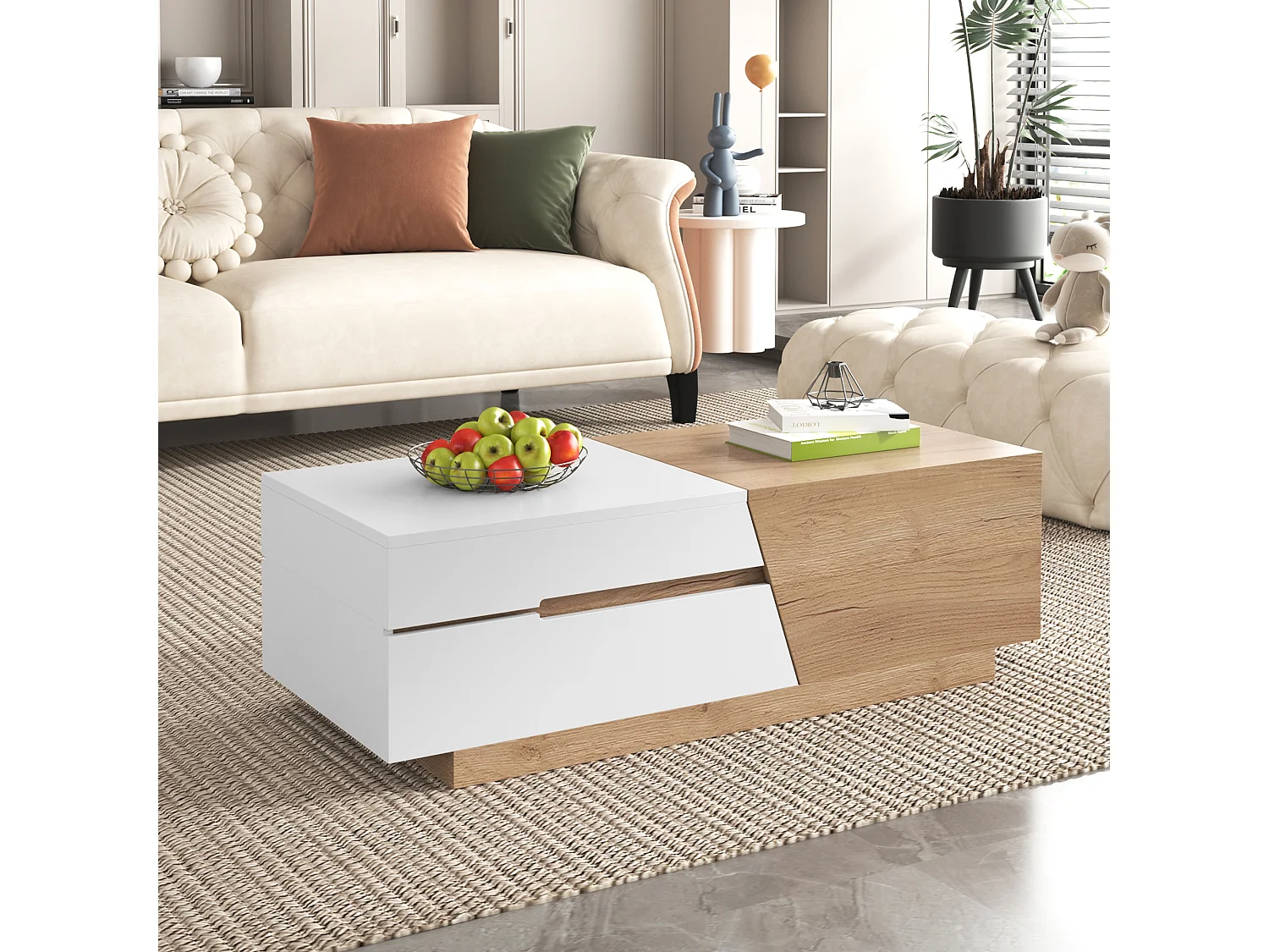 Table basse extensible avec 2 tiroirs - 120 x 50 x 37.5 cm - Panneaux de particules - Blanc + naturel