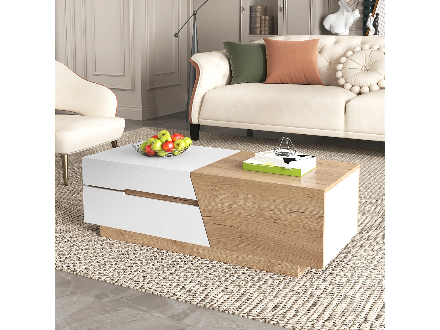Table basse extensible avec 2 tiroirs - 120 x 50 x 37.5 cm - Panneaux de particules - Blanc + naturel
