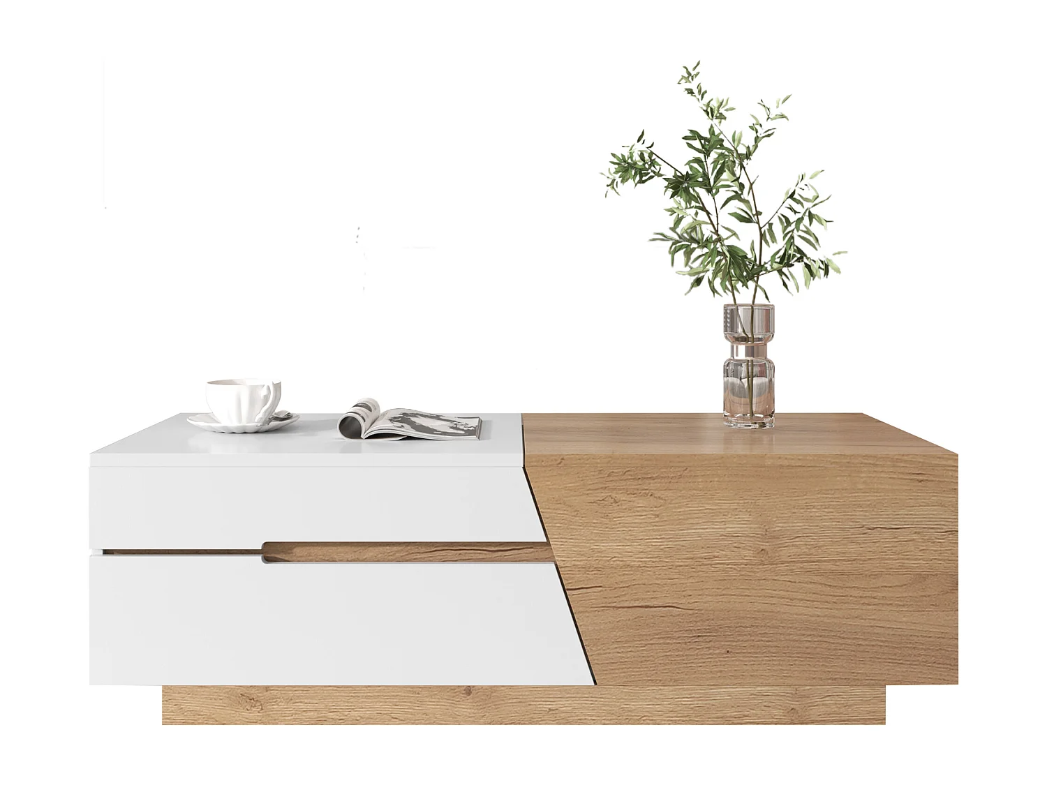 Table basse extensible avec 2 tiroirs - 120 x 50 x 37.5 cm - Panneaux de particules - Blanc + naturel