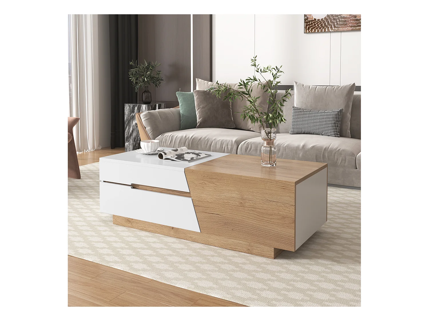 Table basse extensible avec 2 tiroirs - 120 x 50 x 37.5 cm - Panneaux de particules - Blanc + naturel