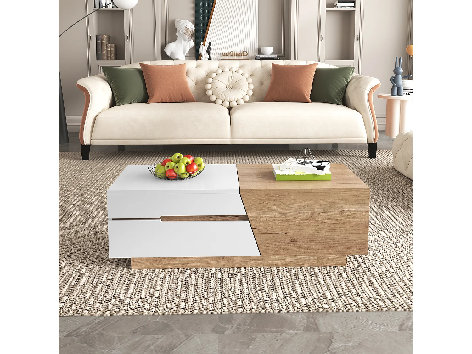 Mesa de centro extensible con 2 cajones - 120 x 50 x 37,5 cm - Tablero de partículas - Blanco + natural