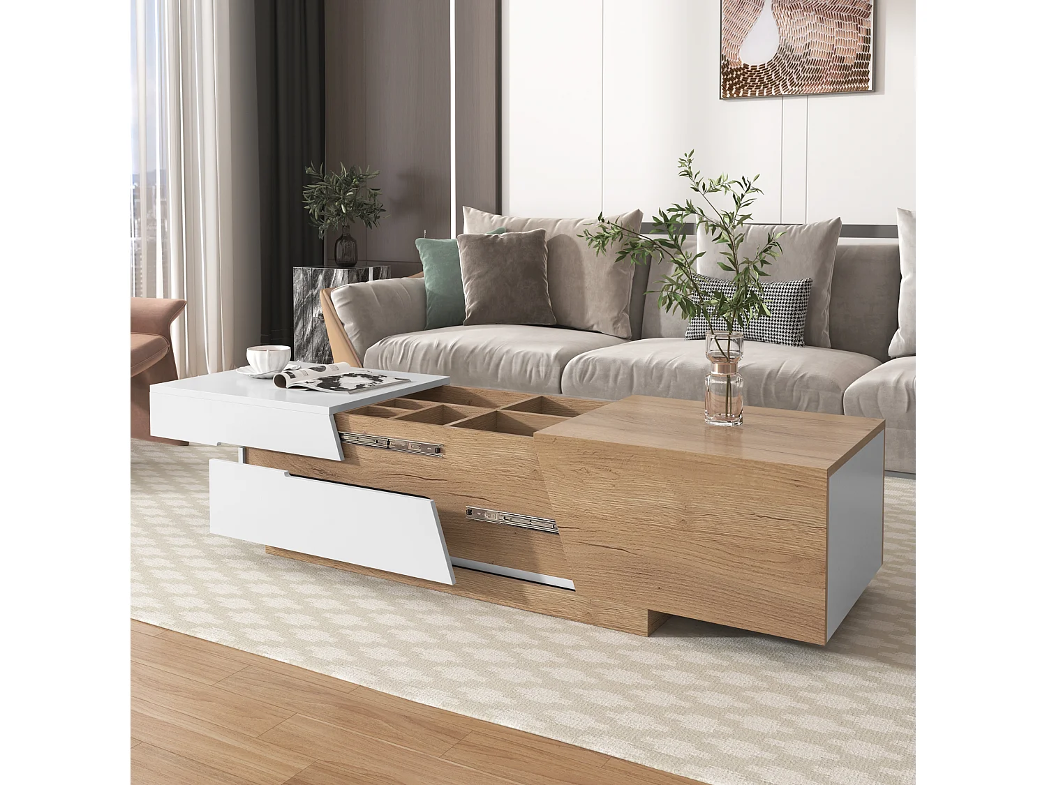 Mesa de centro extensible con 2 cajones - 120 x 50 x 37,5 cm - Tablero de partículas - Blanco + natural