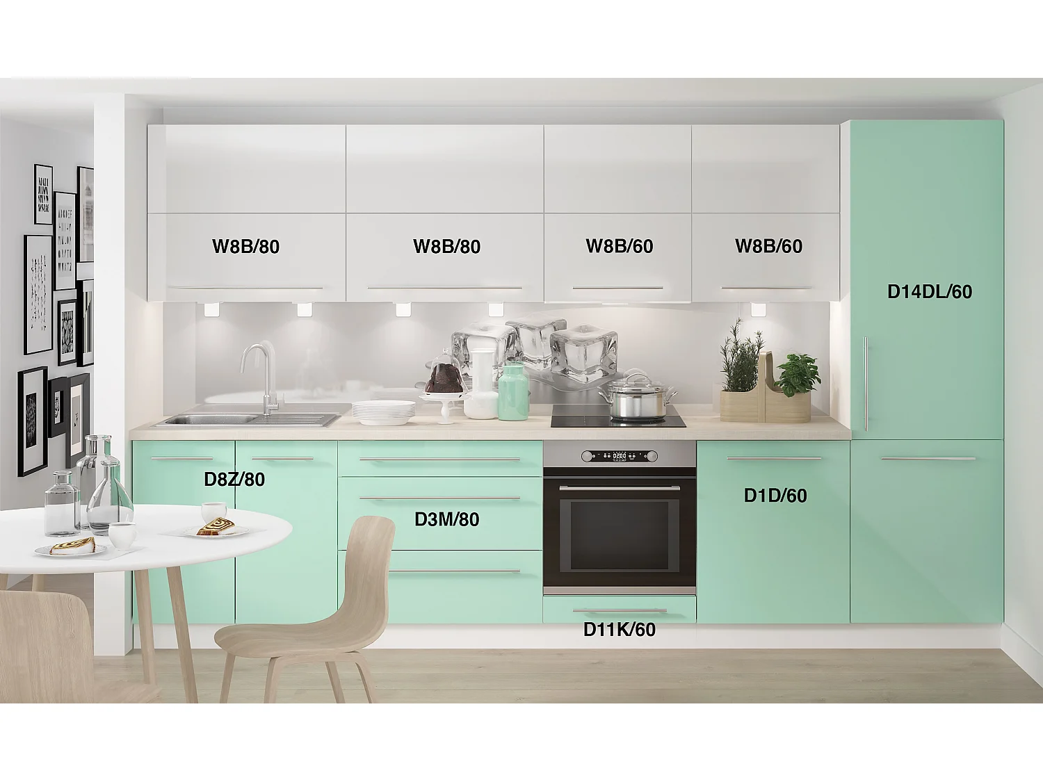 KÜCHENLEERBLOCK Brerra lichtgrün / reinweiß lackiert / weiß matt 9-teilig