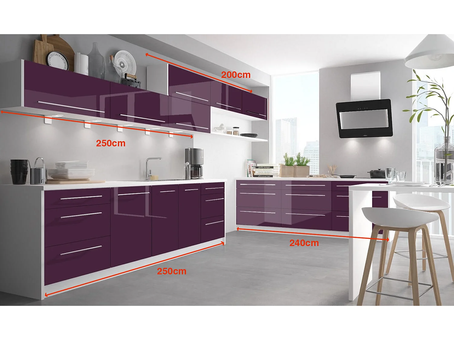 WINKELKÜCHE Brerra Cdb purpurviolett lackiert / weiß matt 13-teilig