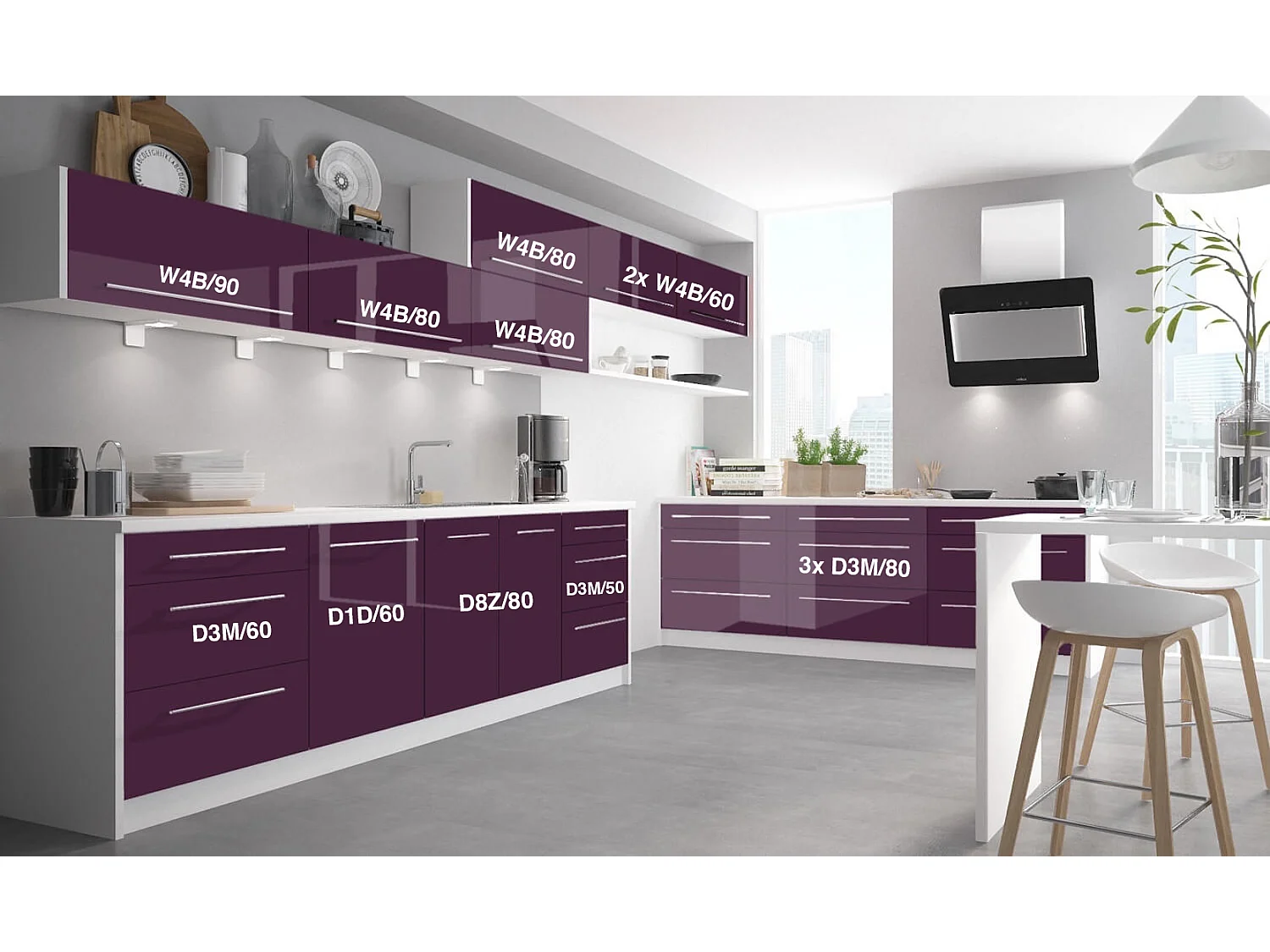 WINKELKÜCHE Brerra Cdb purpurviolett lackiert / weiß matt 13-teilig