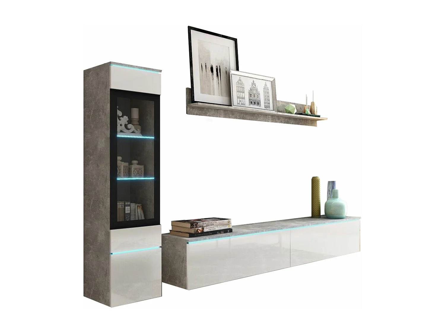 WOHNWAND Vera Beton / weiß Hochglanz 3-teilig
