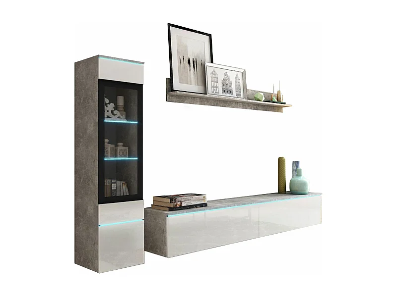 WOHNWAND Vera Beton / weiß Hochglanz 3-teilig