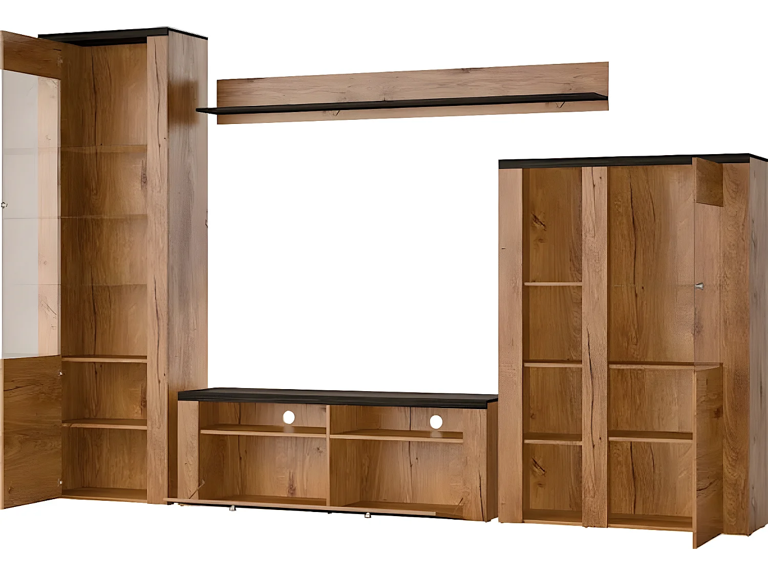 WOHNWAND Larona Eiche Lefkas dunkel 305 / 37 / 205cm 4-teilig