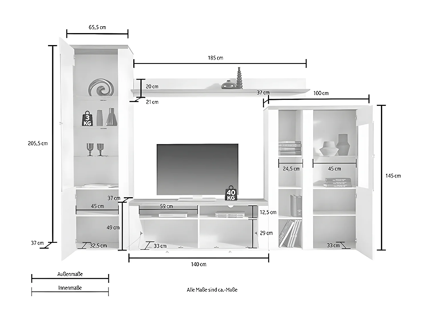 WOHNWAND Larona Eiche Lefkas dunkel 305 / 37 / 205cm 4-teilig