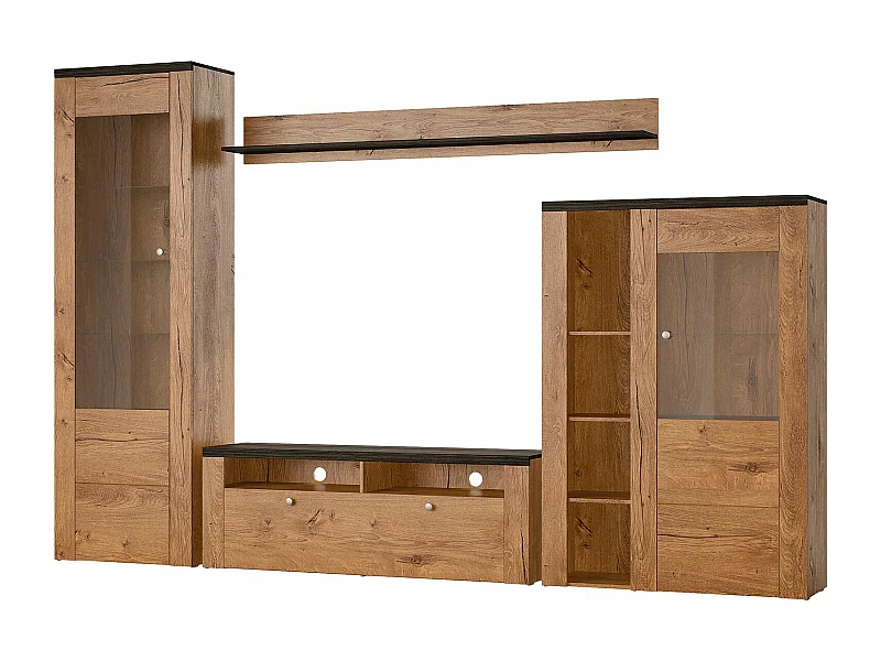 WOHNWAND Larona Eiche Lefkas dunkel 305 / 37 / 205cm 4-teilig