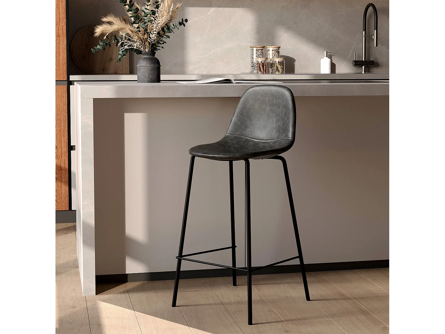 Chaise pour îlot central 65 cm en cuir synthétique gris/noir - Henrik