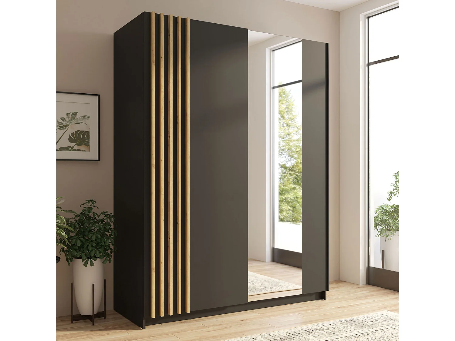 SCHWEBETÜRENSCHRANK Bayadero schwarz 200 cm / 63 cm / 199 cm