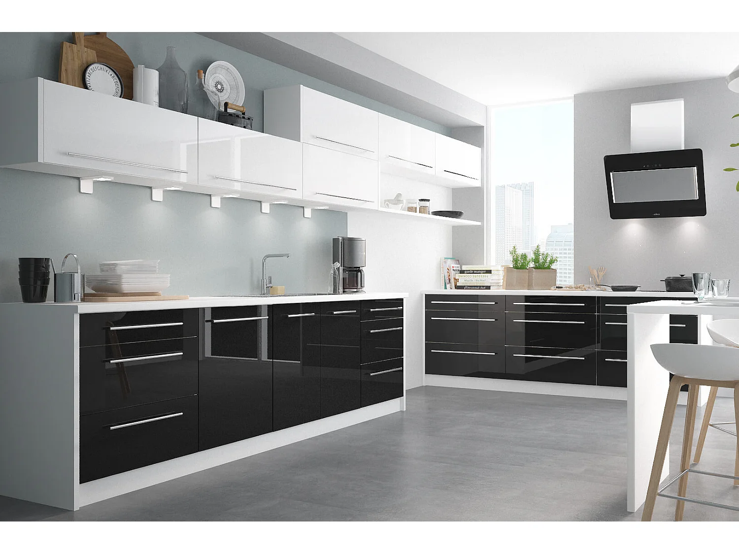 WINKELKÜCHE Platinium weiß matt / weiß hochglanz / schwarz hochglanz 13-teilig