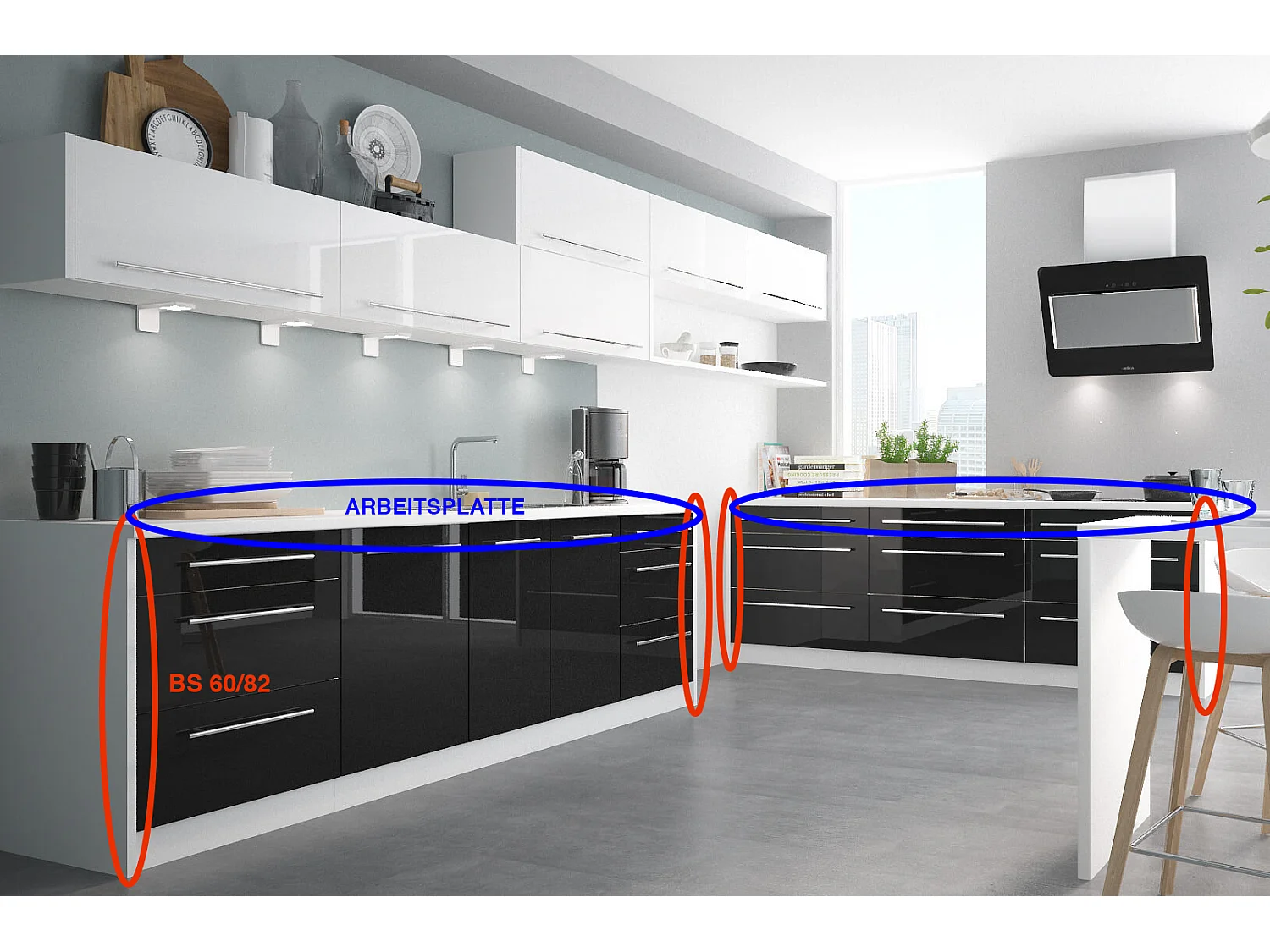 WINKELKÜCHE Platinium weiß matt / weiß hochglanz / schwarz hochglanz 13-teilig