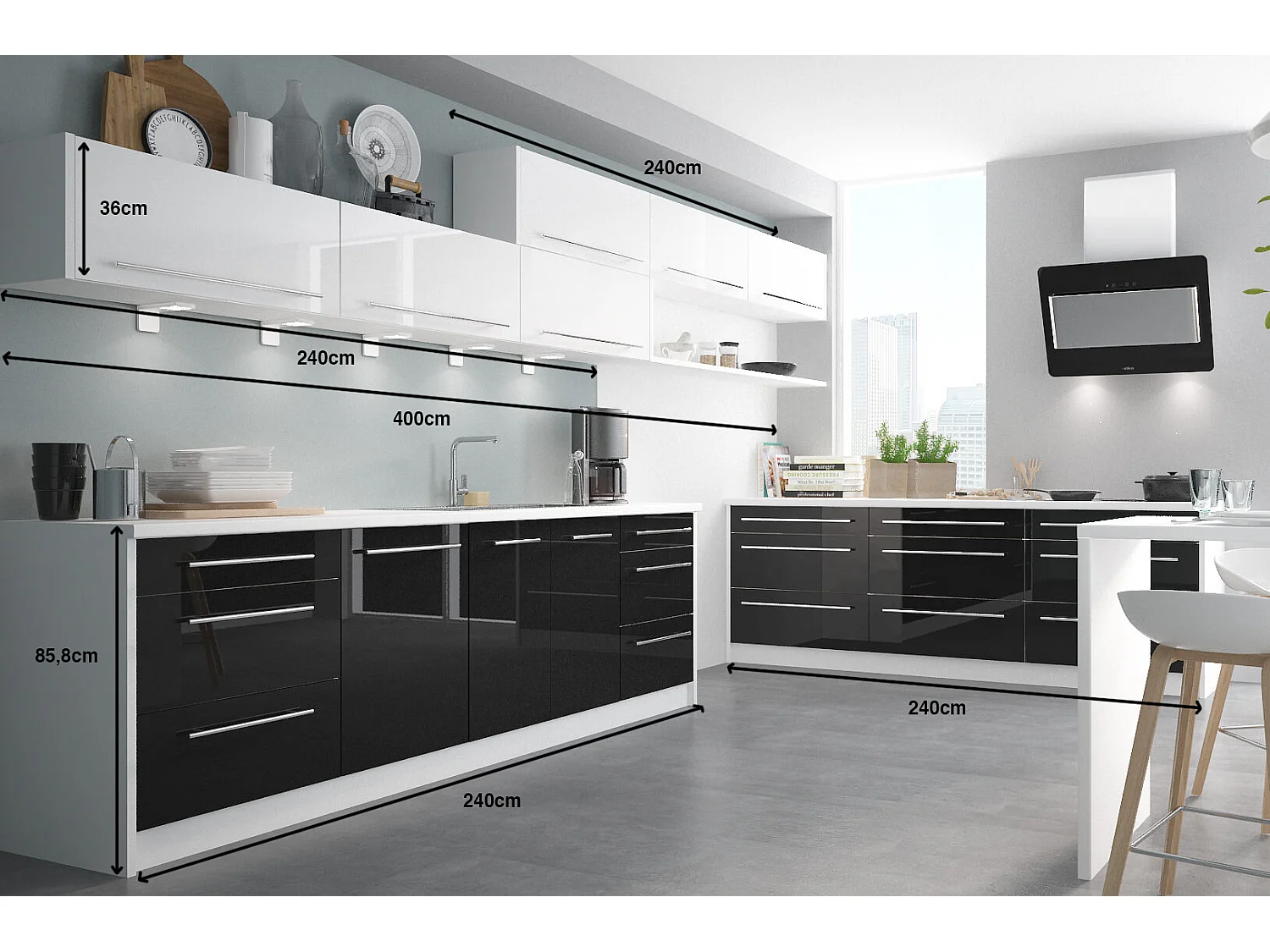WINKELKÜCHE Platinium weiß matt / weiß hochglanz / schwarz hochglanz 13-teilig