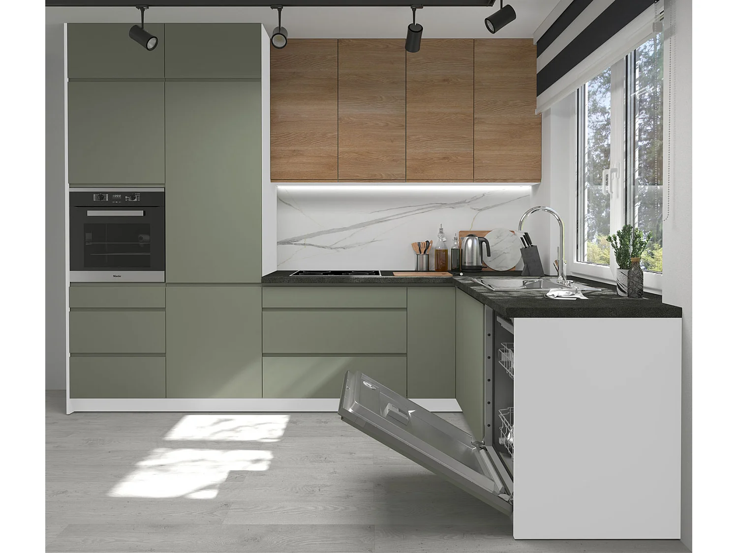 WINKELKÜCHE AVELLINO reed green / Pembroke / weiß 10-teilig mit Arbeitsplatte