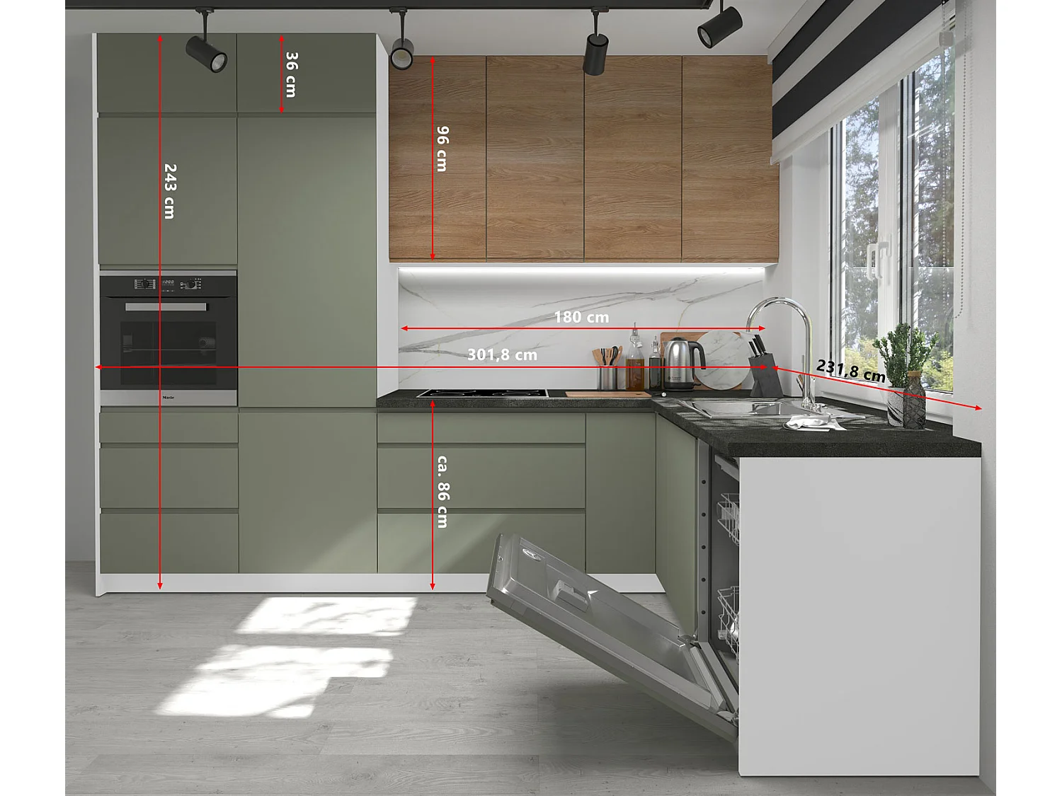 WINKELKÜCHE AVELLINO reed green / Pembroke / weiß 10-teilig mit Arbeitsplatte