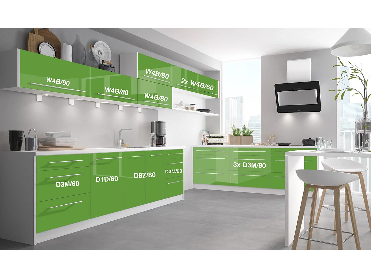 KÜCHENLEERBLOCK Brerra Cdb gelbgrün lackiert / weiß matt 13-teilig