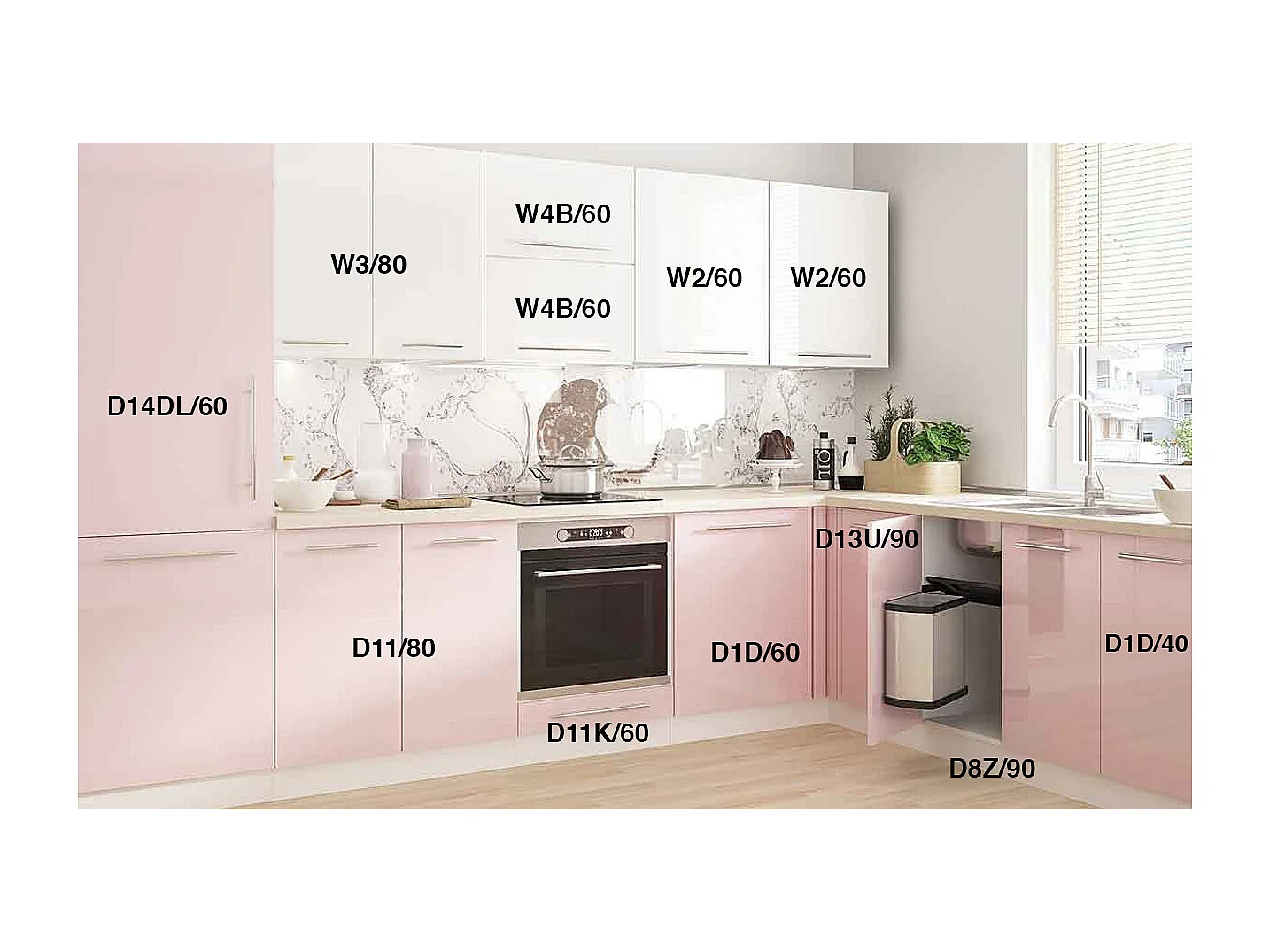 WINKELKÜCHE Brerra Cdb hellrosa / reinweiß lackiert / weiß matt 12-teilig