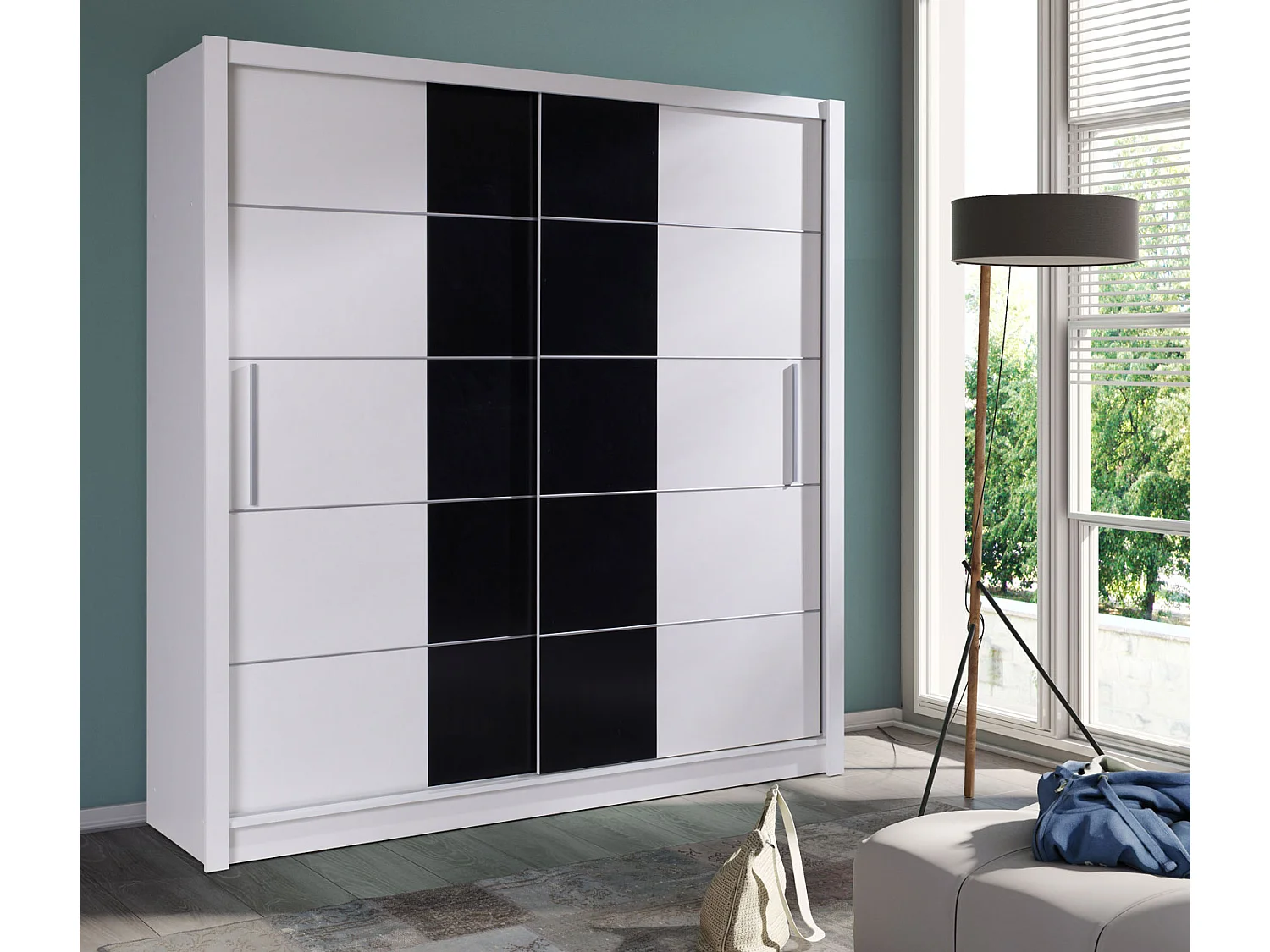 SCHIEBETÜRENSCHRANK Bari weiß / schwarz 204,4 cm / 62 cm / 214,4 cm