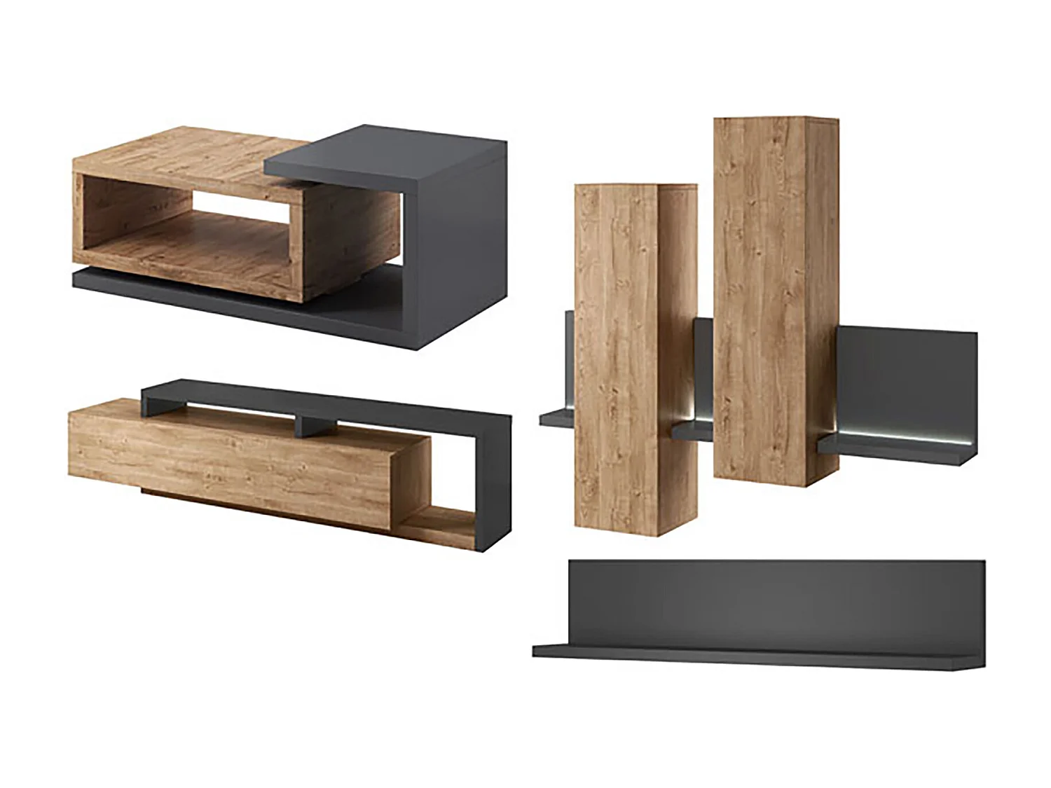 WOHNZIMMER-SET Bota anthrazit / ribbeck eiche 641x60x142cm