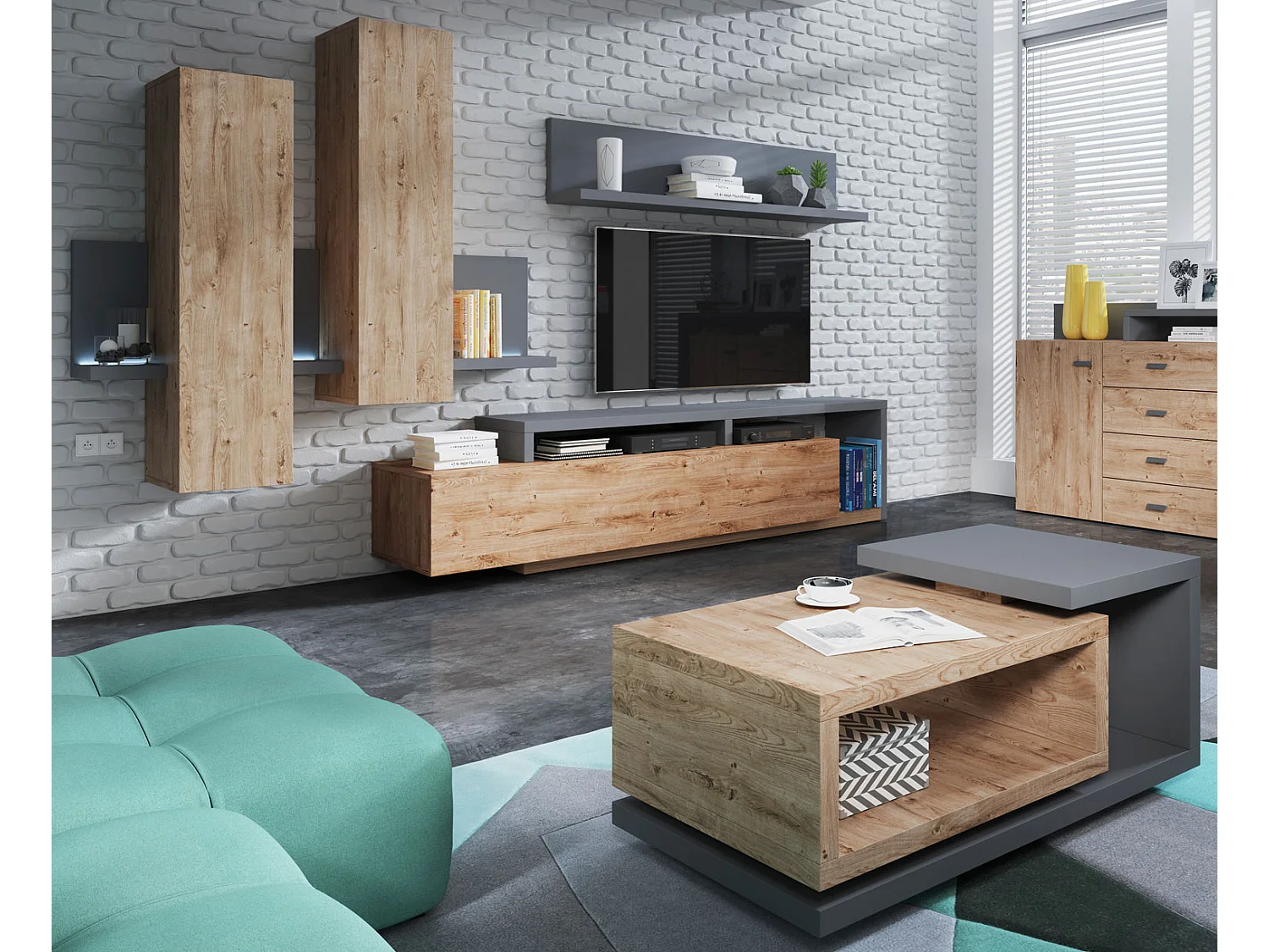 WOHNZIMMER-SET Bota anthrazit / ribbeck eiche 641x60x142cm