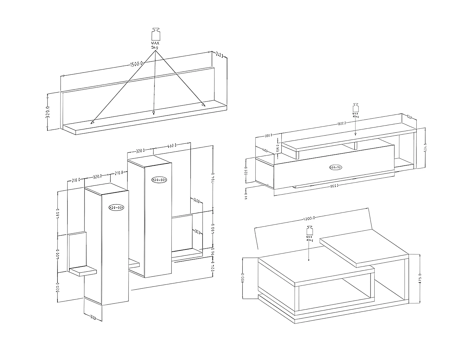 WOHNZIMMER-SET Bota anthrazit / ribbeck eiche 641x60x142cm