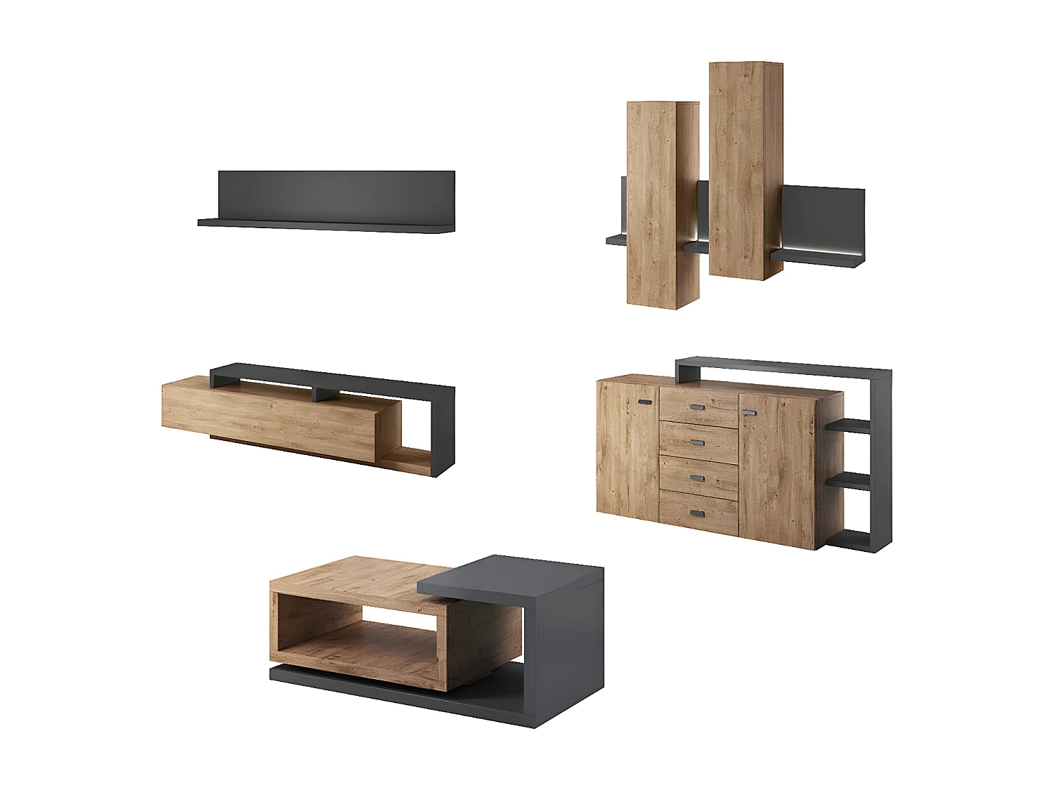 WOHNZIMMER-SET Bota anthrazit / ribbeck eiche 821 cm / 60 cm / 142 cm
