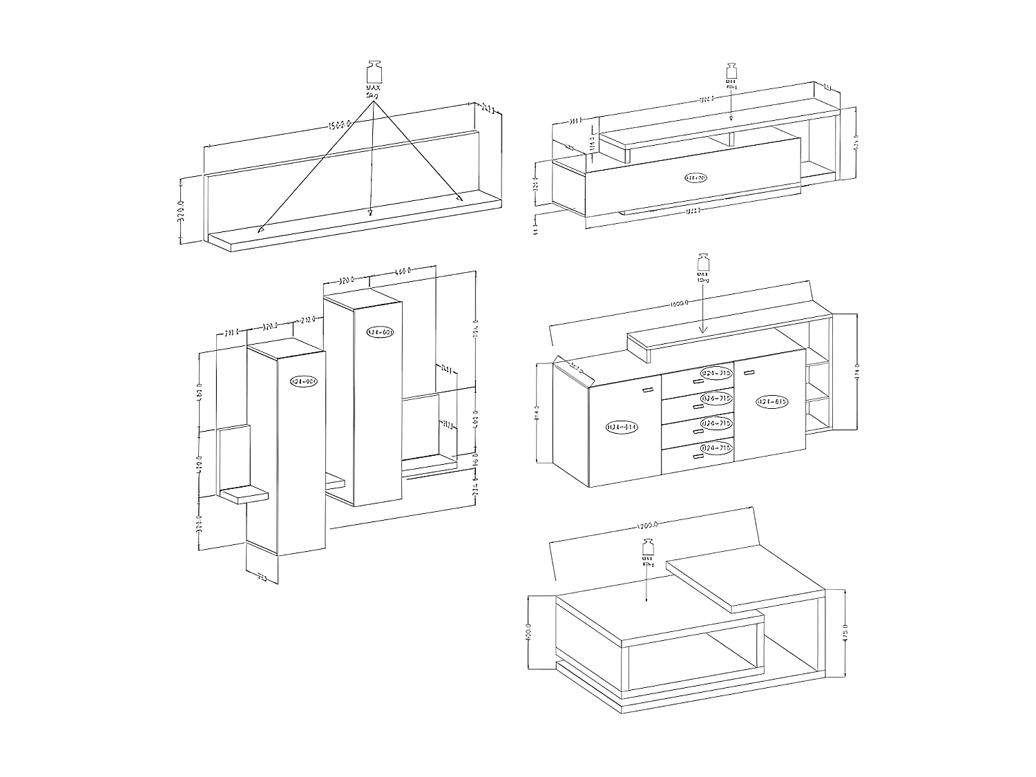 WOHNZIMMER-SET Bota anthrazit / ribbeck eiche 821 cm / 60 cm / 142 cm
