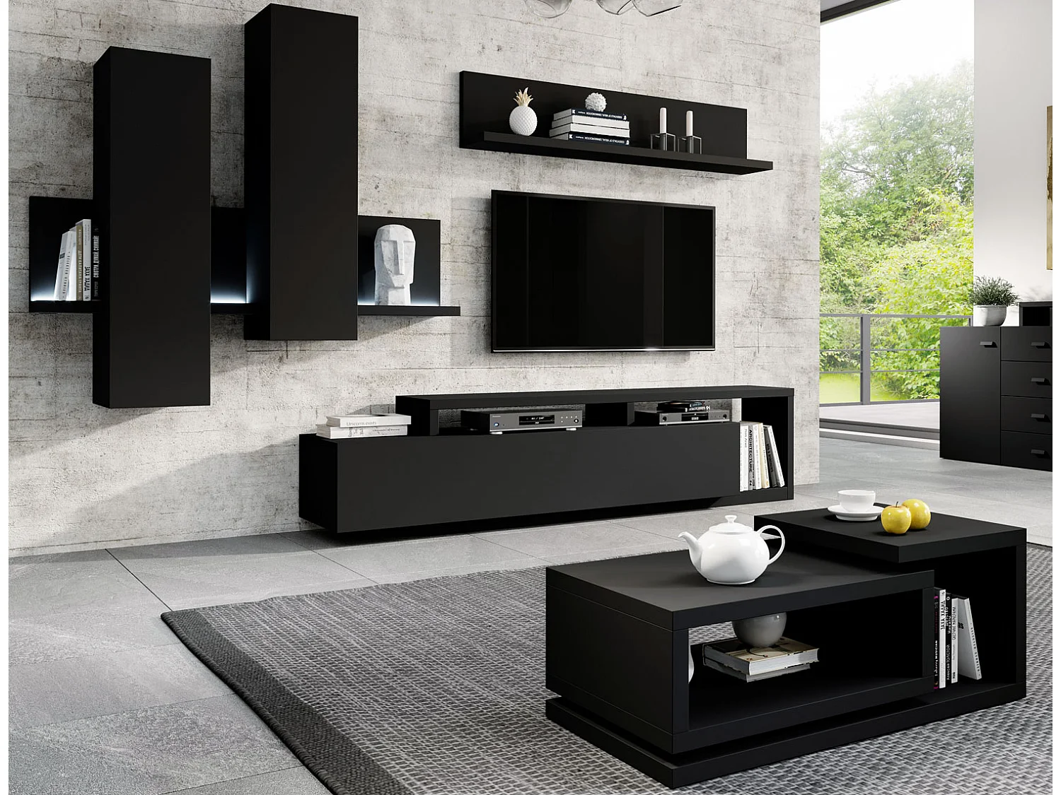 WOHNZIMMER-SET Bota schwarz matt eiche 641x60x142cm