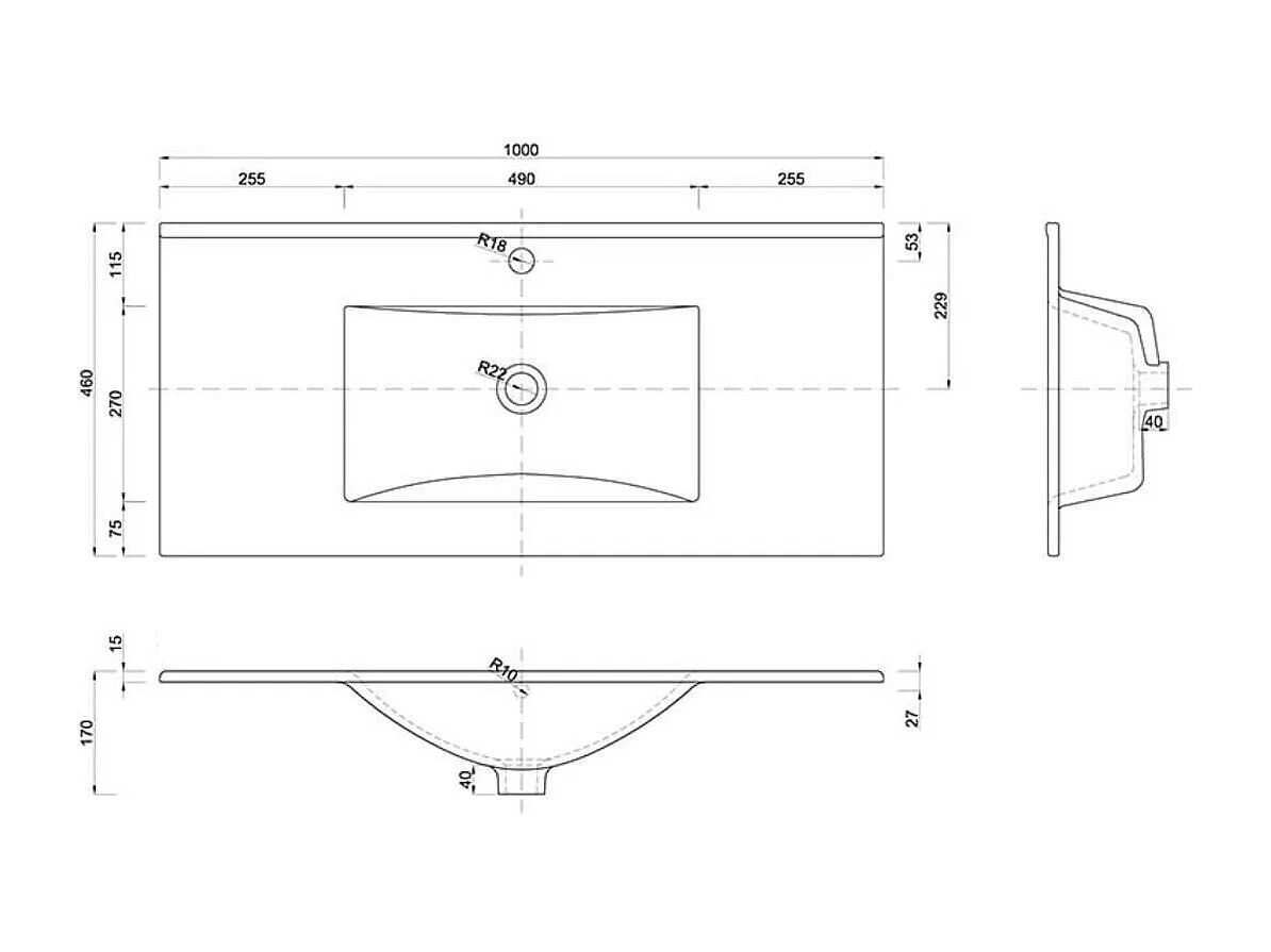 Vasque rectangulaire blanche à encastrer en céramique -  100 x 46 cm - GO