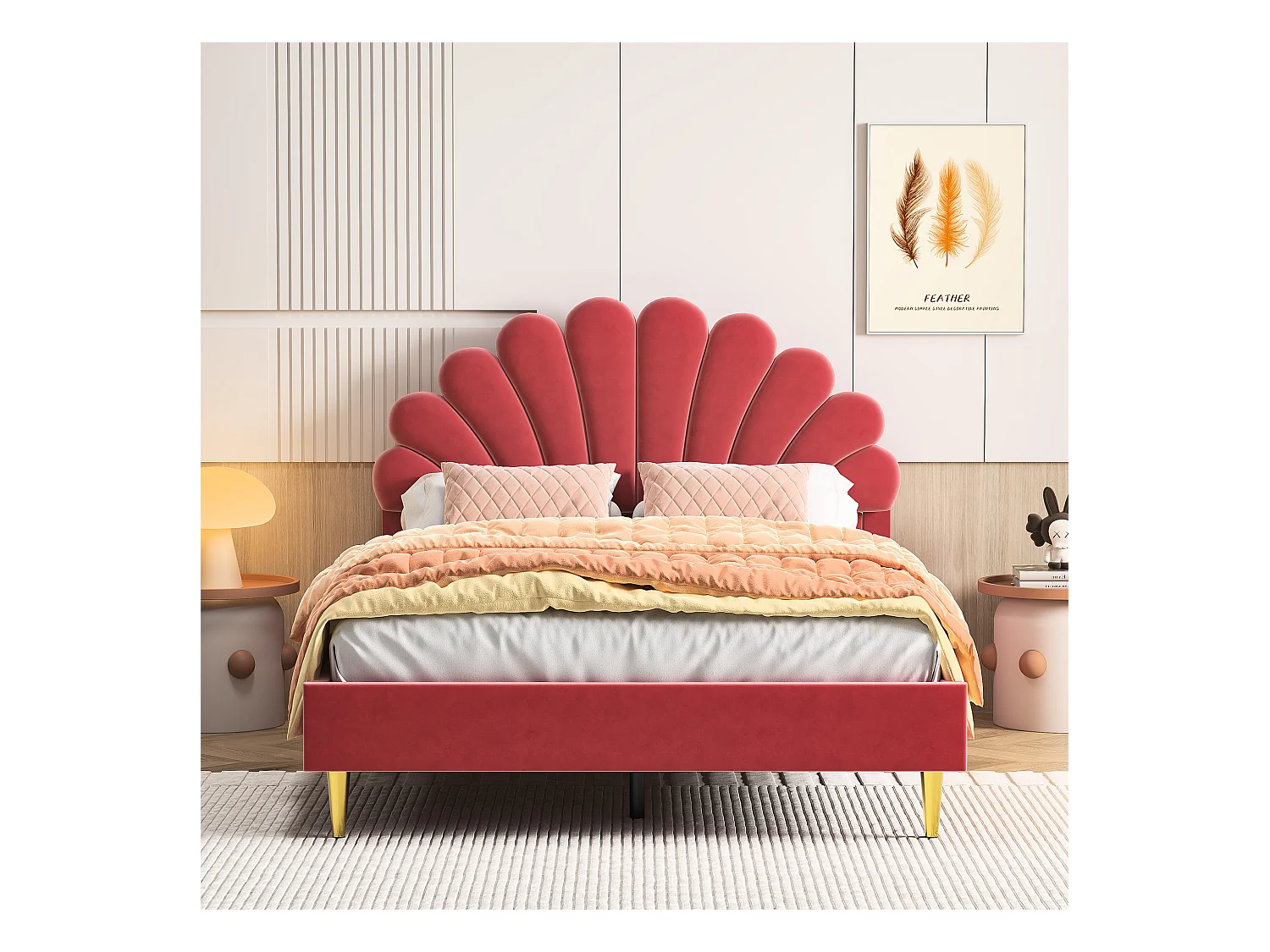 Cama doble tapizada en terciopelo - 140x200cm - cabecero en forma de flor - con somier - Rojo