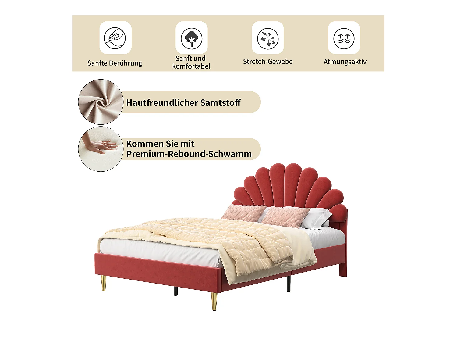 Cama doble tapizada en terciopelo - 140x200cm - cabecero en forma de flor - con somier - Rojo