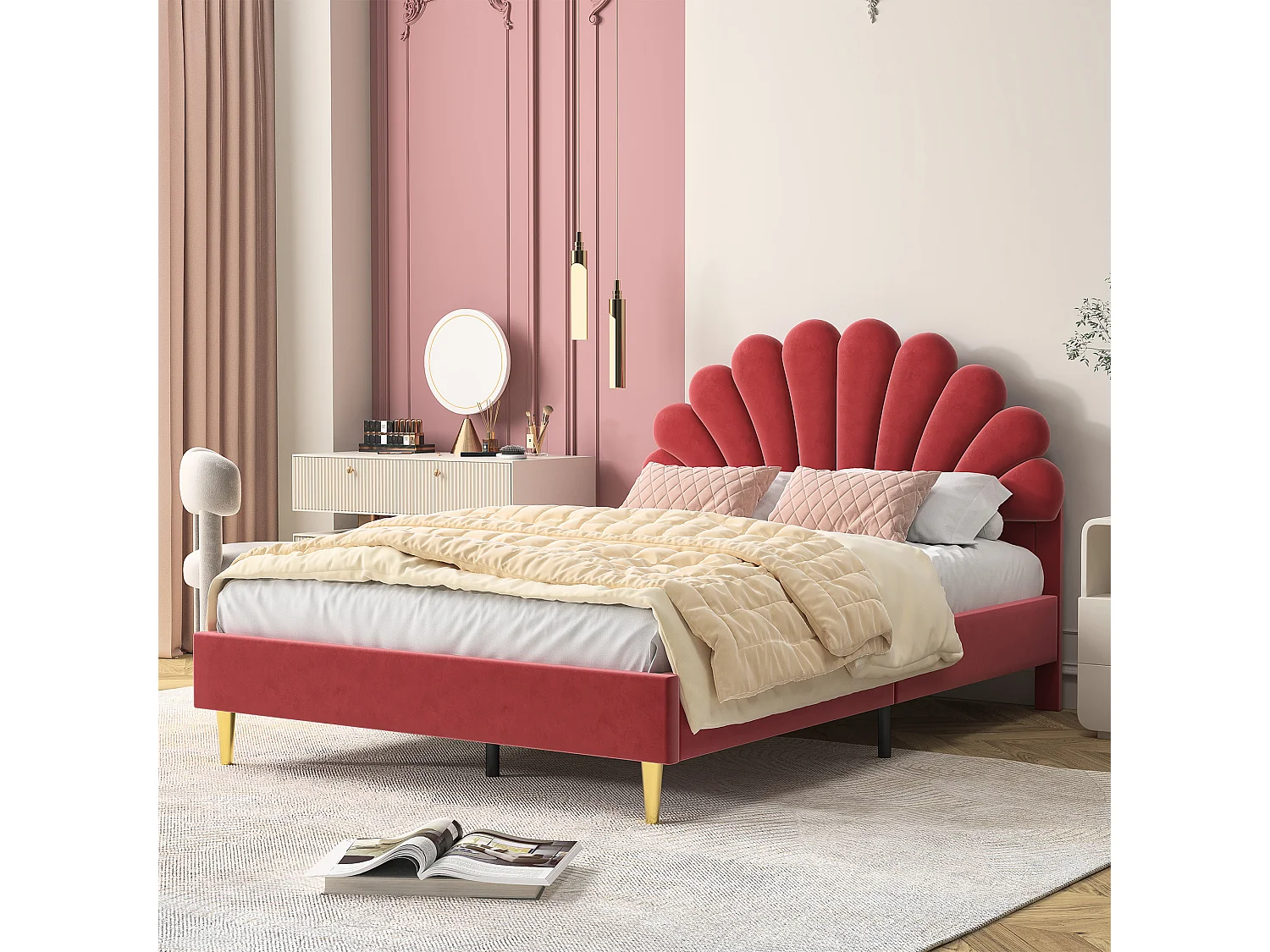 Cama doble tapizada en terciopelo - 140x200cm - cabecero en forma de flor - con somier - Rojo