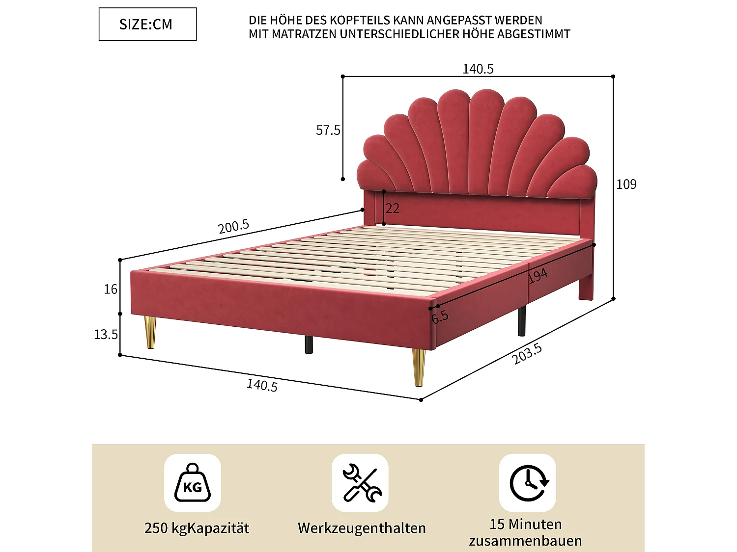 Cama doble tapizada en terciopelo - 140x200cm - cabecero en forma de flor - con somier - Rojo
