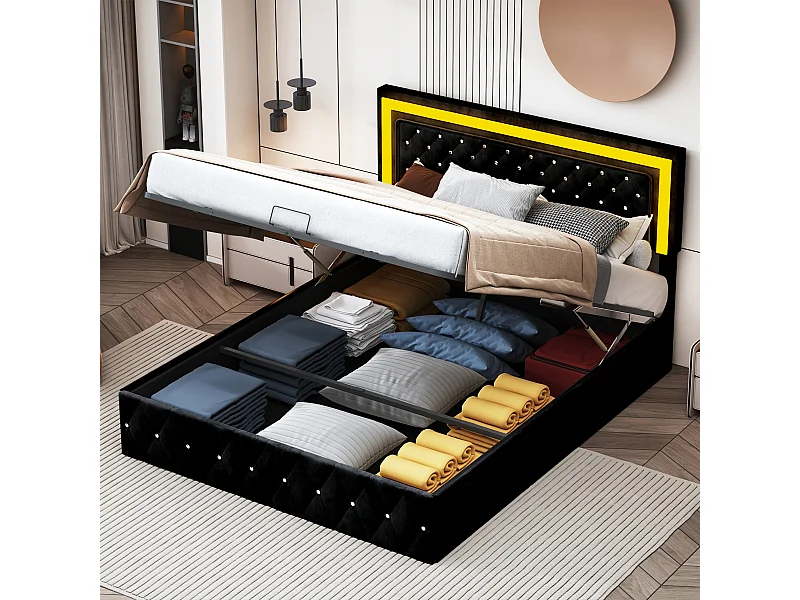 Bett 140 x 200 cm mit LED und Stauraum – verstellbares Kopfteil – Samt – Schwarz