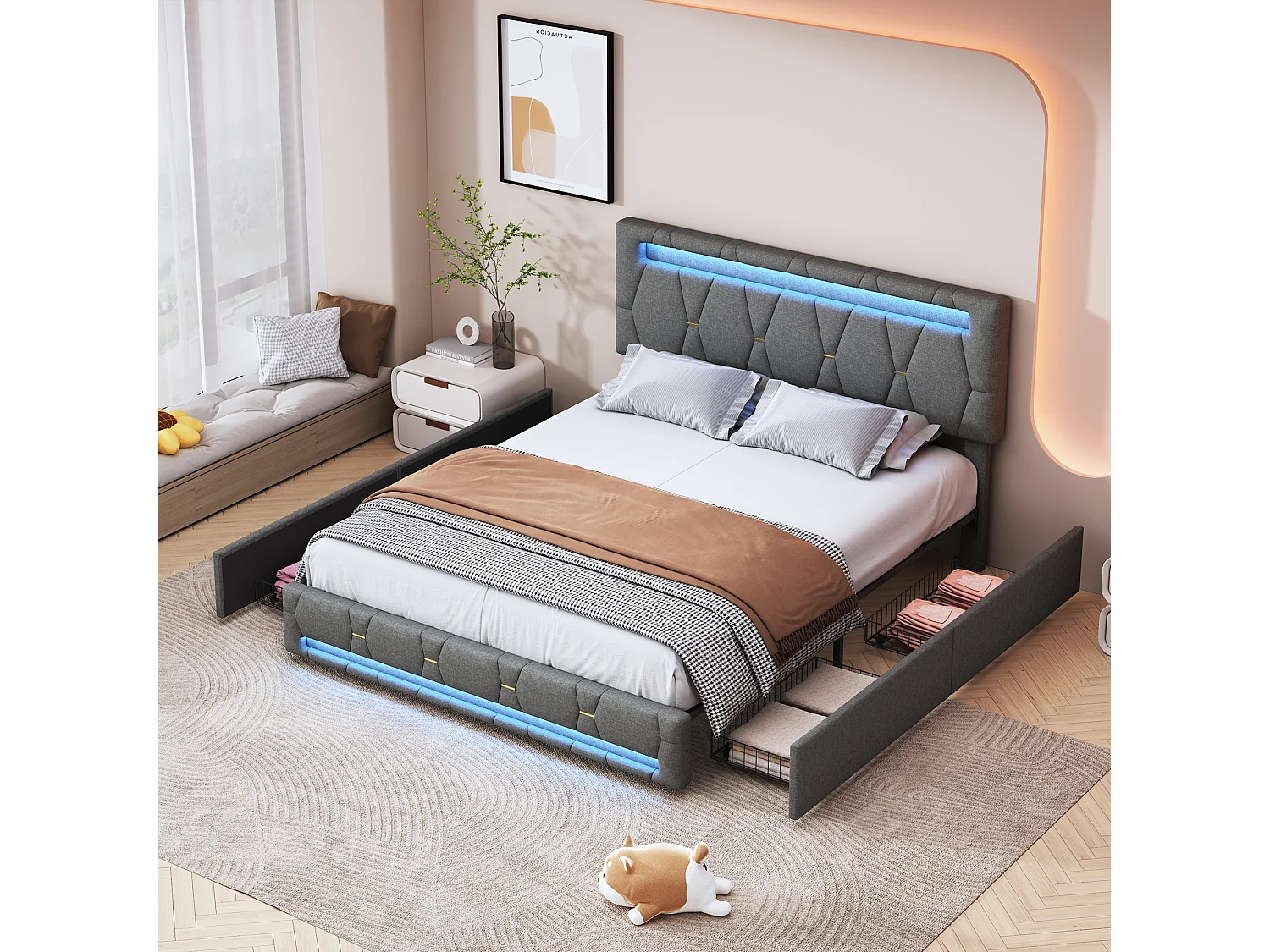 Cama 140x200cm con 4 cajones + LED + somier - lino - Gris