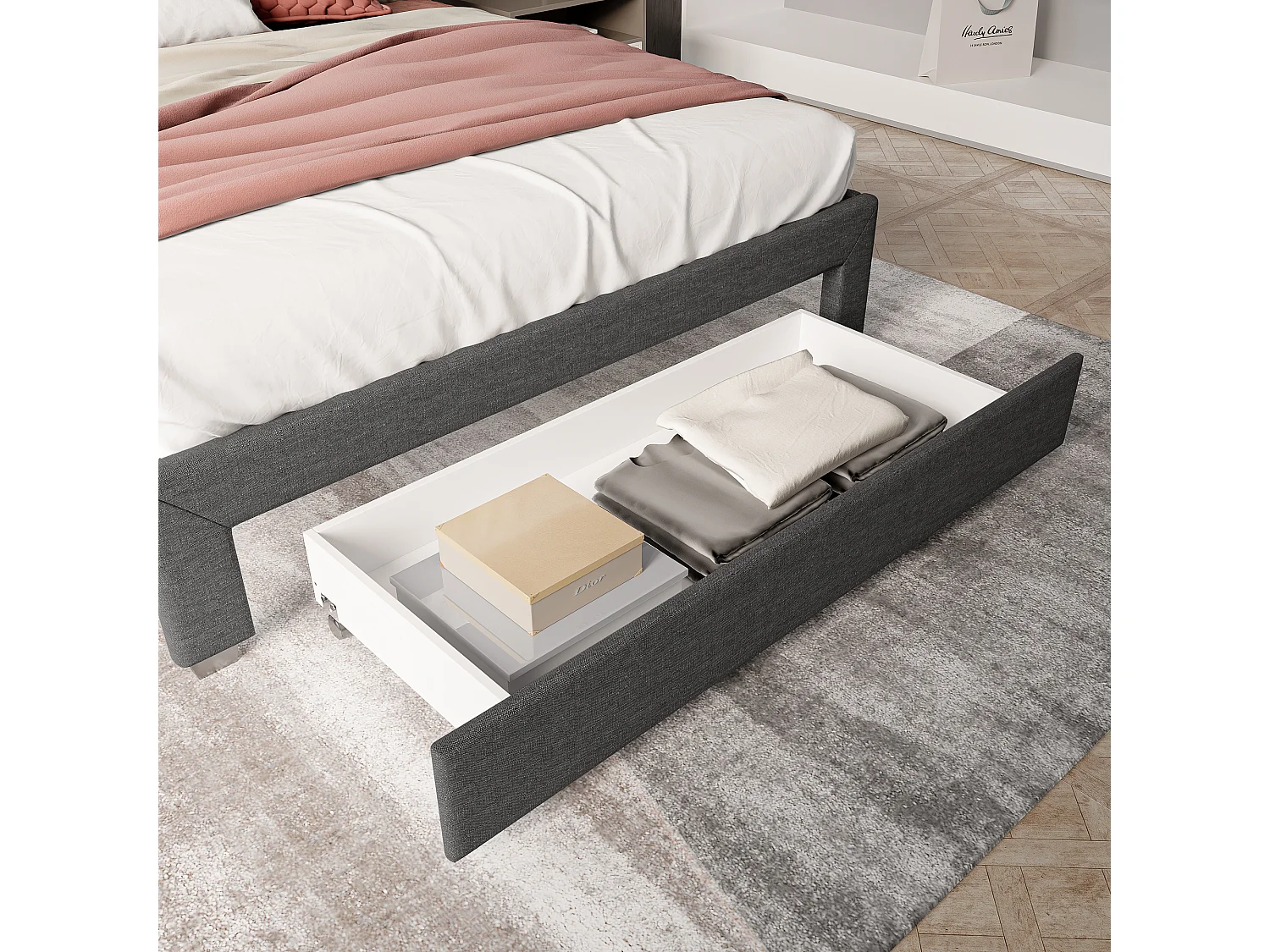 Erwachsenenbett 160 x 200 cm – LED und 1 große Schublade – Lattenrost – USB- und Typ-C-Anschluss – Leinen – Grau