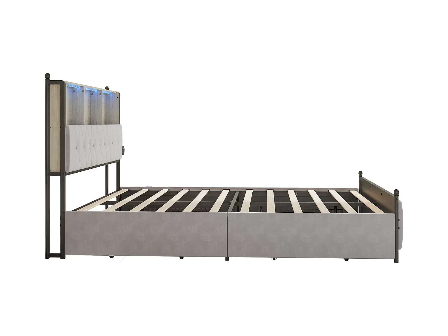 Gepolstertes Erwachsenenbett mit LED und 2 USB-Anschlüssen – 4 Schubladen + Lattenrost – Samtstoff – 160 x 200 cm – Beige