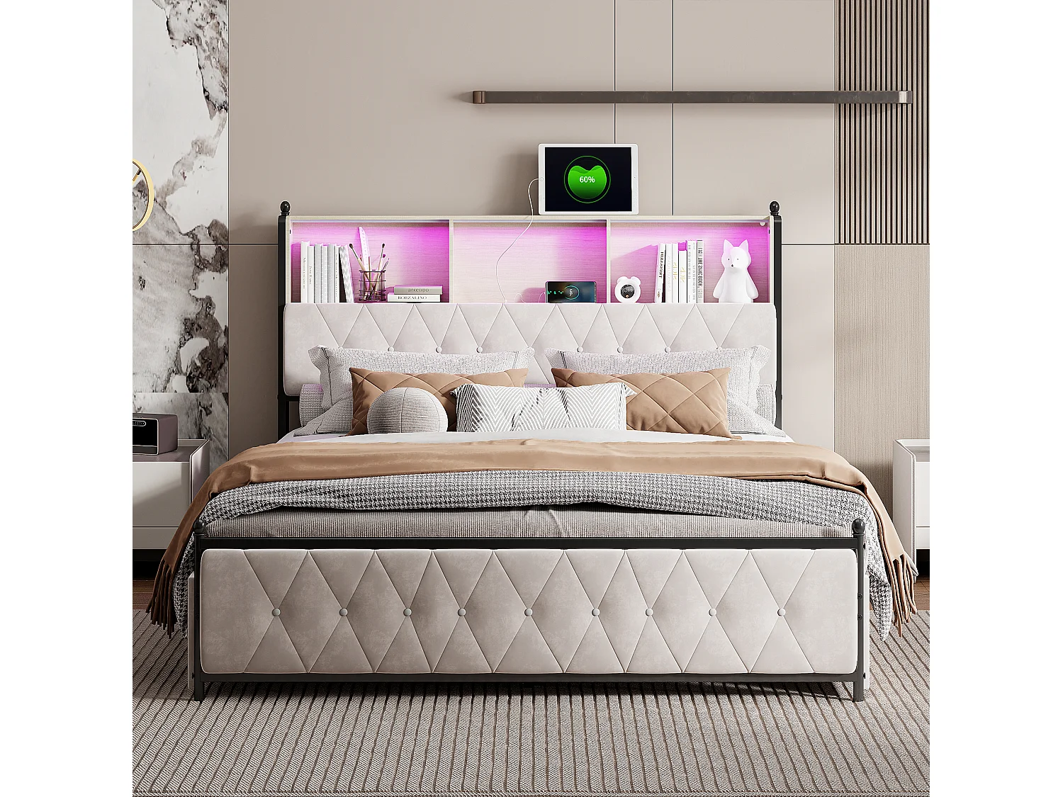 Gepolstertes Erwachsenenbett mit LED und 2 USB-Anschlüssen – 4 Schubladen + Lattenrost – Samtstoff – 160 x 200 cm – Beige