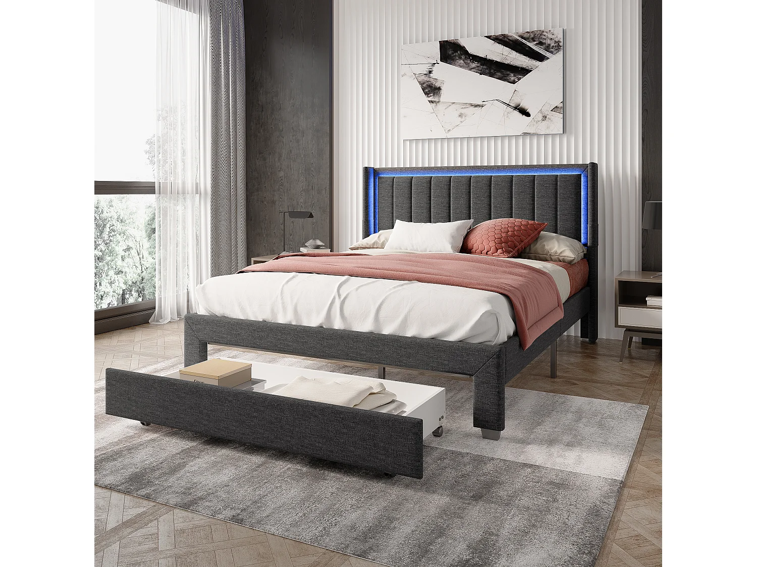 Cama adulto 140x200 cm - LED y 1 cajón grande - somier - puerto USB y Tipo C - Lino - Gris